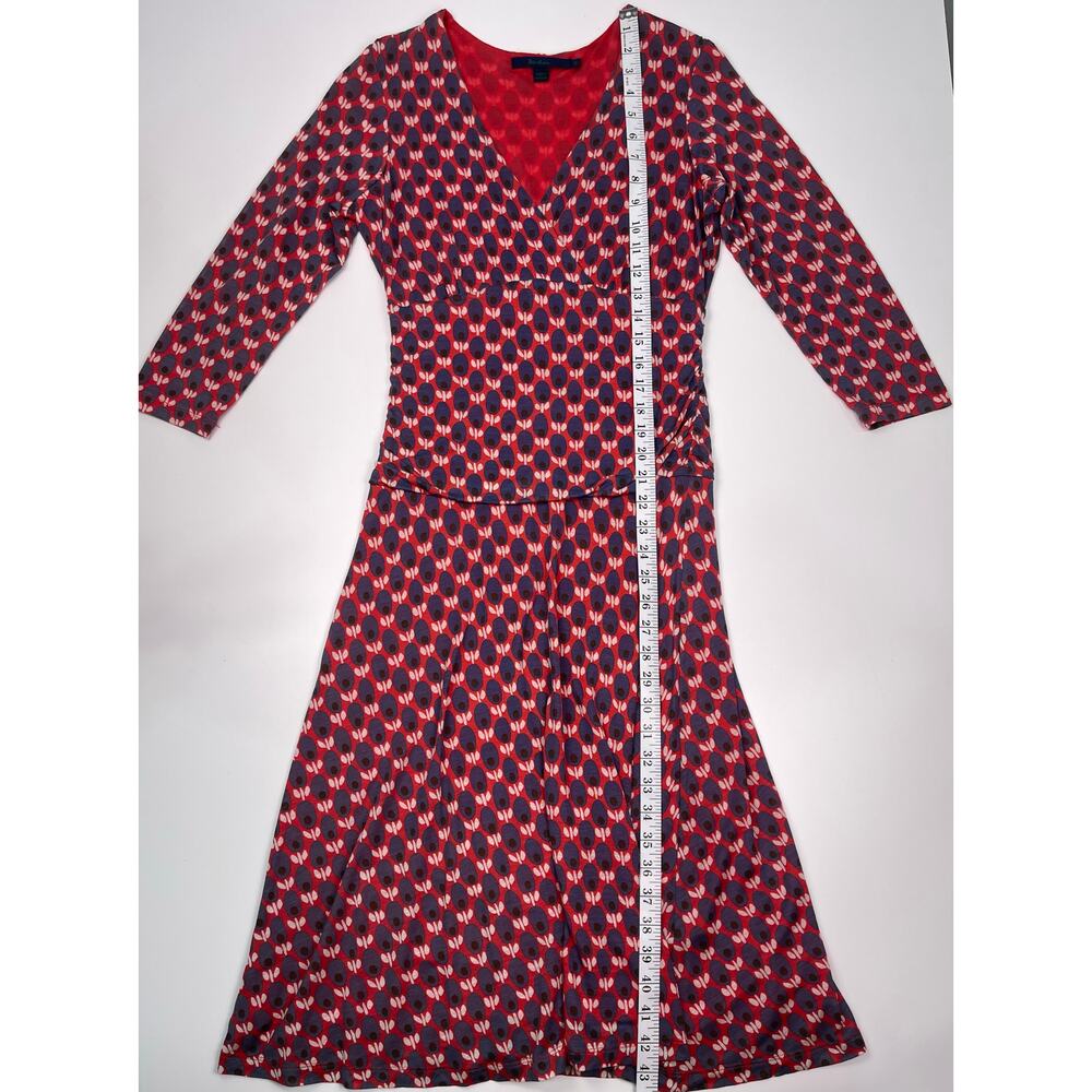 Boden Red & Navy Geometric Print Midi Dress Size 8R V-Neck Ruched Waist - Picture 9 of 10